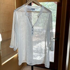 Gee Loretta White Sheer Pearl Snap Elbow Sleeve Size Small Oversized